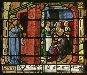 Vitrail représentant Saint Nicolas laissant de l